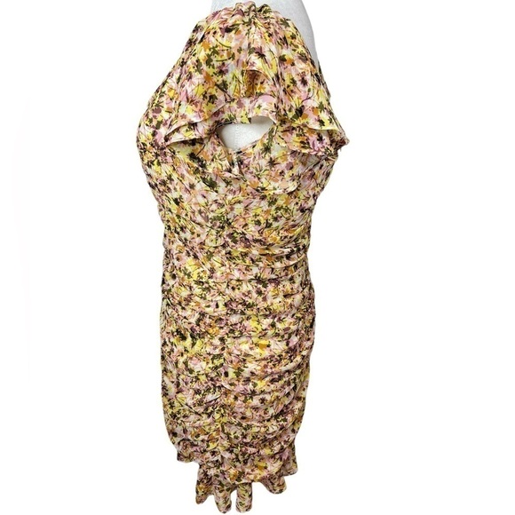 ASTR THE LABEL DRESS Floral Ruched Chiffon Mini YELLOW SIZE Medium - Picture 7 of 13